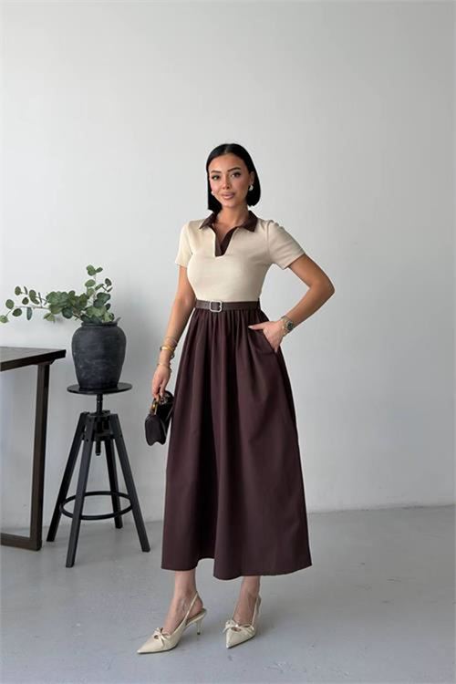 Neşeli butik kadın kahverengi gömlek yaka kemerli midi boy rahat kesim yazlık elbise NBG135
