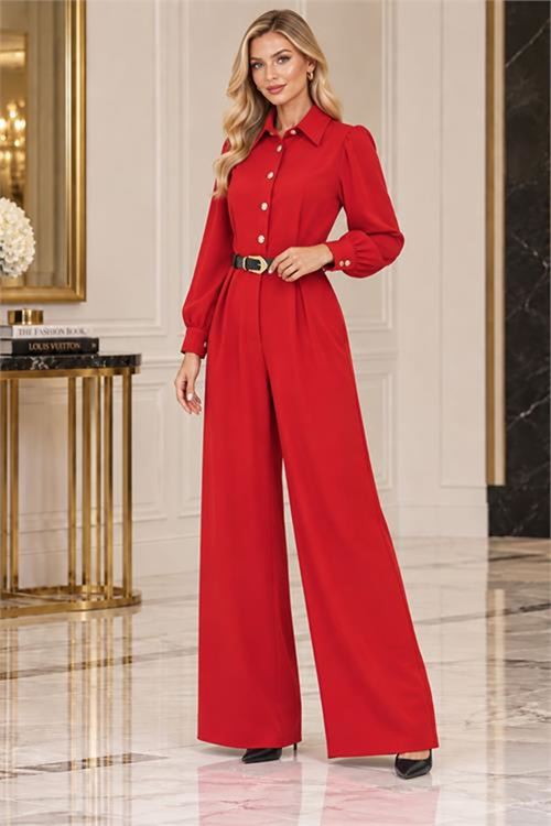 Neşeli butik kadın kırmızı balon kol kemerli gömlek yaka krep kumaş tulum NBK5006