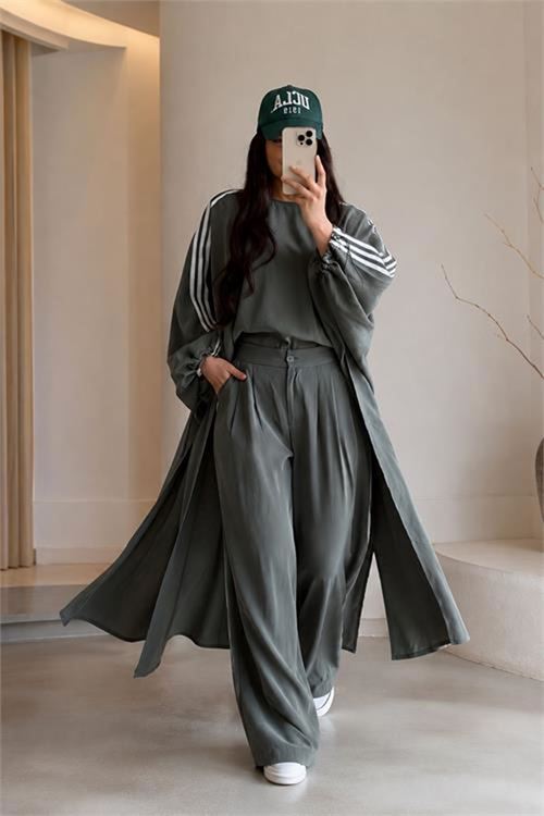 Neşeli butik kadın haki şerit detaylı oversize tunik pantolon ikili tesettür takım NMS102