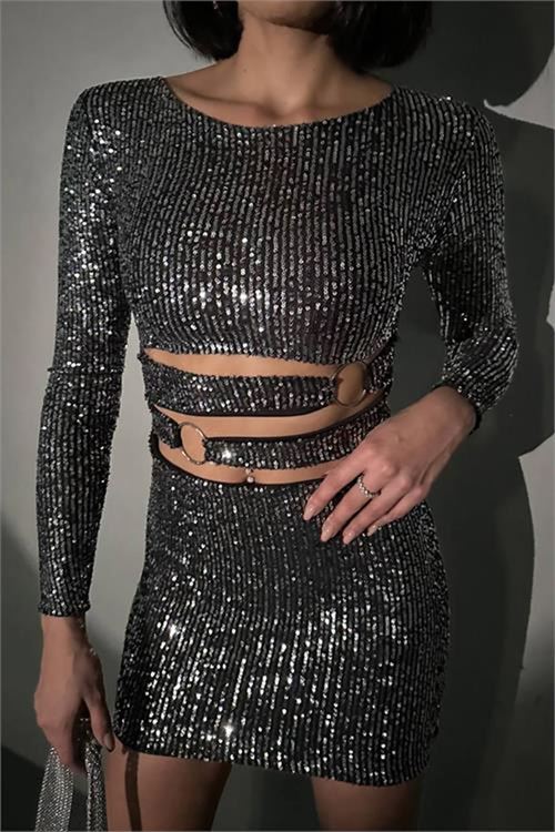 Neşeli butik kadın gri halka detyalı mini pul payet elbise NBDF106