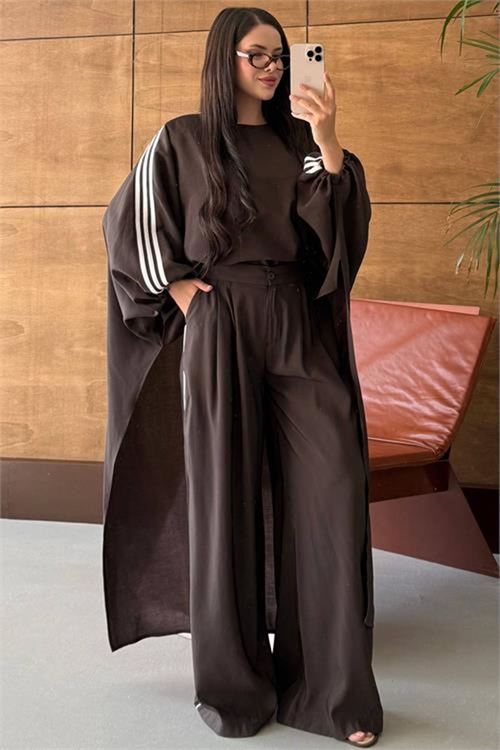 Neşeli butik kadın kahve şerit detaylı oversize tunik pantolon ikili tesettür takım NMS102