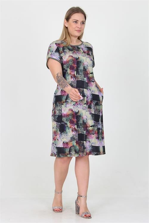 Neşeli butik kadın yeni sezon desenli midi boy büyük beden viskon elbise AYSL19