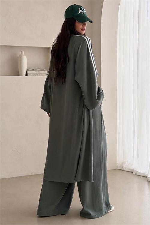 Neşeli butik kadın haki şerit detaylı oversize tunik pantolon ikili tesettür takım NMS102