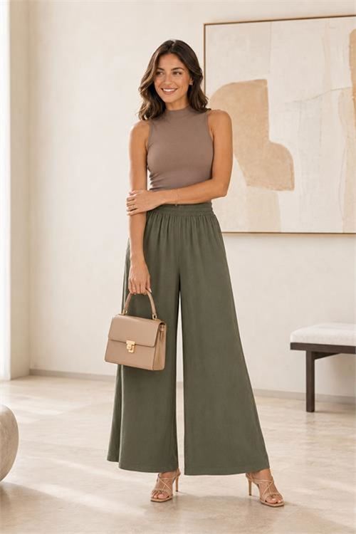 Neşeli butik kadın haki bel lastikli rahat kalıp palazzo pantolon NBPNT002