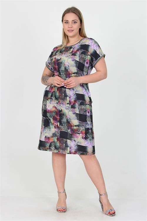Neşeli butik kadın yeni sezon desenli midi boy büyük beden viskon elbise AYSL19