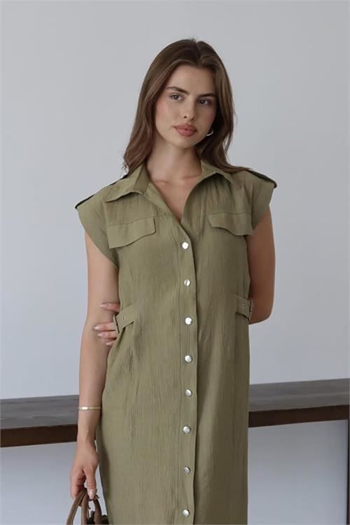 Neşeli butik kadın düğmeli yan kemer detaylı midi boy cep detaylı elbise NBNP001