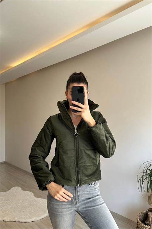 Neşeli butik kadın fitilli desen kadife kısa şişme mont NM005