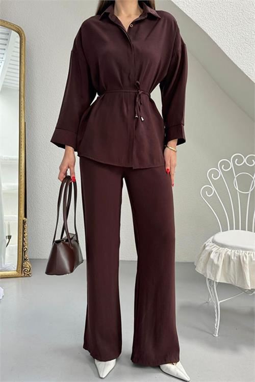 Neşeli butik kadın kahverengi gömlek yaka bağlama detaylı ikili takım NBG125