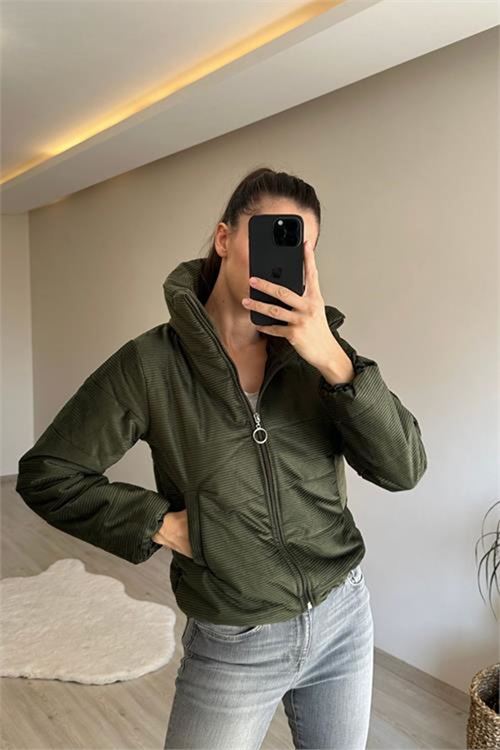 Neşeli butik kadın fitilli desen kadife kısa şişme mont NM005