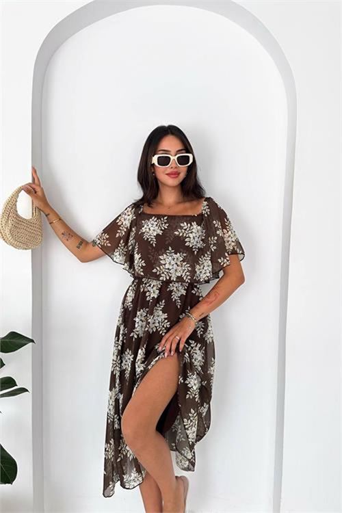Neşeli butik kadın kahverengi madonna yaka şifon desenli midi boy elbise NBK091