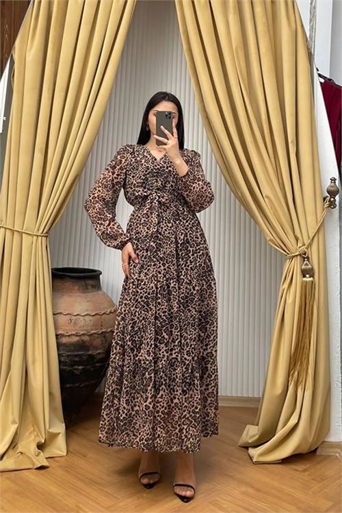 Neşeli butik kadın kuşaklı leopar desenli şifon elbise NBMY3709