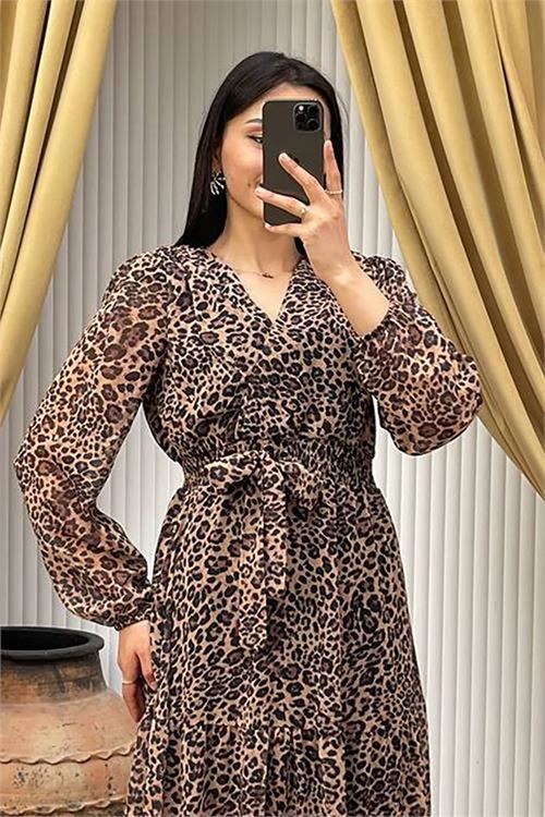 Neşeli butik kadın kuşaklı leopar desenli şifon elbise NBMY3709