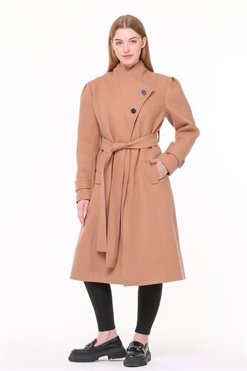 Neşeli butik kadın midi oversize yün kaşe kaban NBPLTN03 - Camel