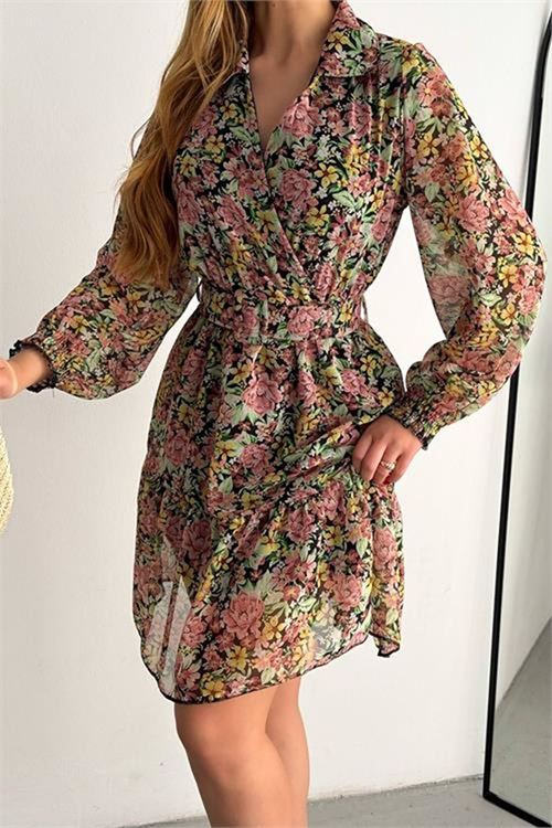 Neşeli butik kadın kemerli çiçek desenli mini şifon elbise NBKKLF2001
