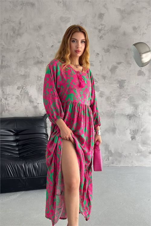 Neşeli butik kadın desenli salaş kesim yazlık viskon elbise NBK2077