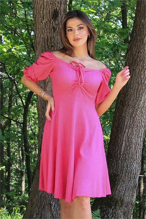 Neşeli butik kadın yakası büzgülü yeni sezon likralı elbise NB10046