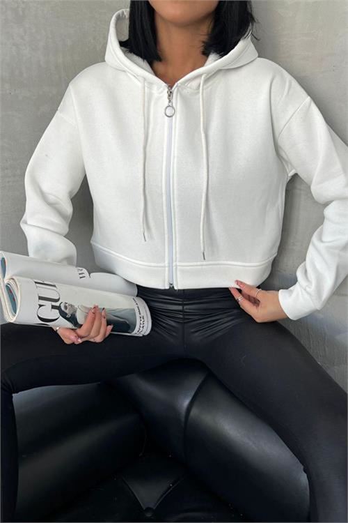 Neşeli butik kadın kapüşonlu kısa sweatshirt GTS025 - Ekru