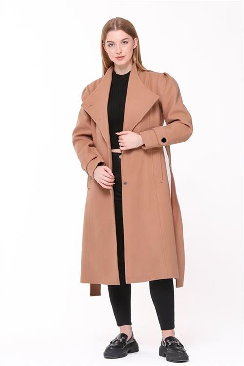 Neşeli butik kadın midi oversize yün kaşe kaban NBPLTN03 - Camel