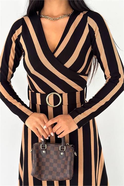 Neşeli butik kadın kemerli midi boy çizgili elbise KKLF48
