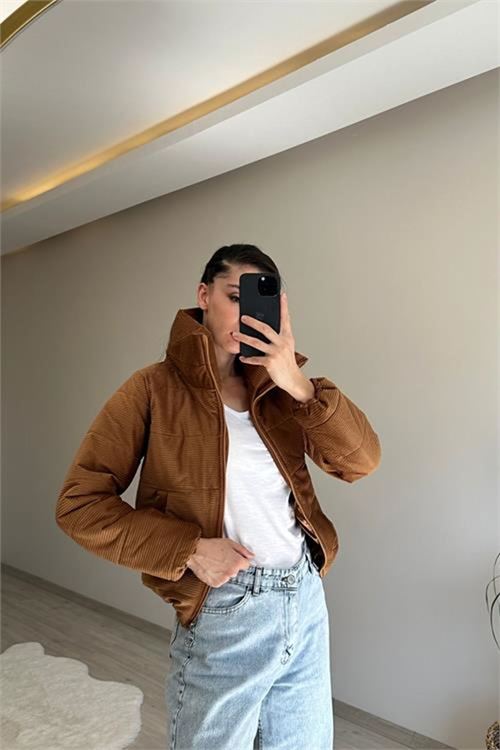 Neşeli butik kadın fitilli desen kadife kısa şişme mont NM005