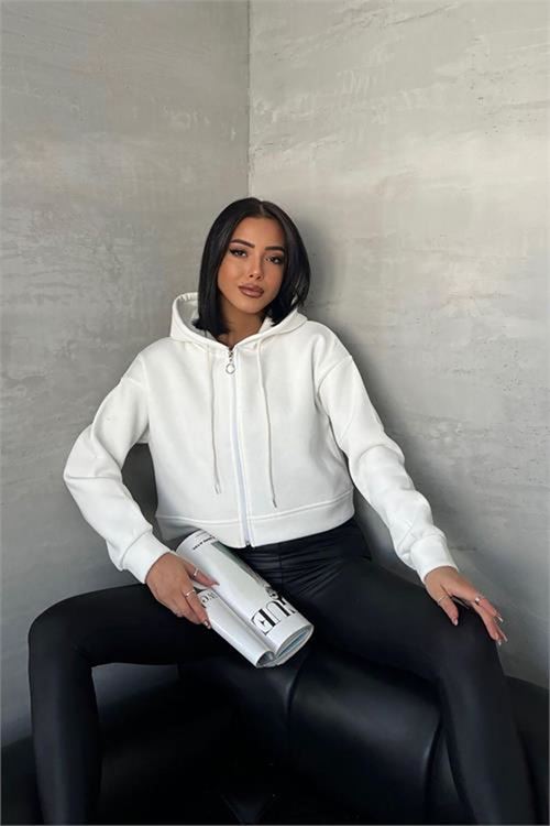 Neşeli butik kadın kapüşonlu kısa sweatshirt GTS025 - Ekru