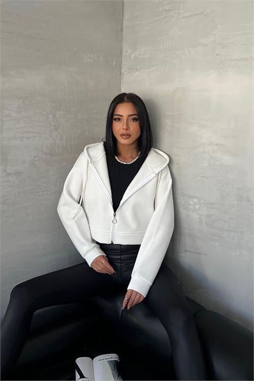 Neşeli butik kadın kapüşonlu kısa sweatshirt GTS025 - Ekru