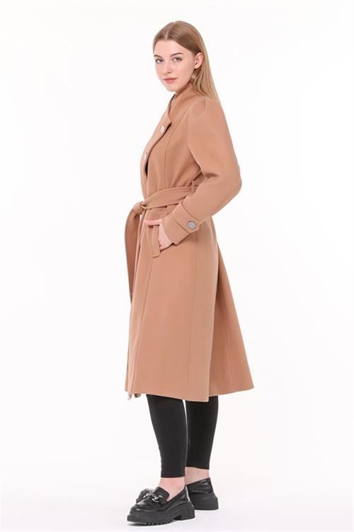 Neşeli butik kadın midi oversize yün kaşe kaban NBPLTN03 - Camel