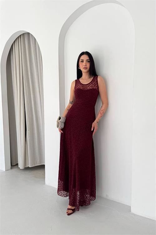 Neşeli butik kadın bordo transparan detaylı tam boy astarlı dantel elbise --- NBK4619