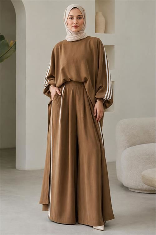 Neşeli butik kadın camel şerit detaylı oversize tunik pantolon ikili tesettür takım NMS102