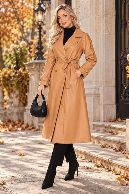 Neşeli butik kadın camel omuz apoletli tam boy suni deri astarsız trençkot NBFT014