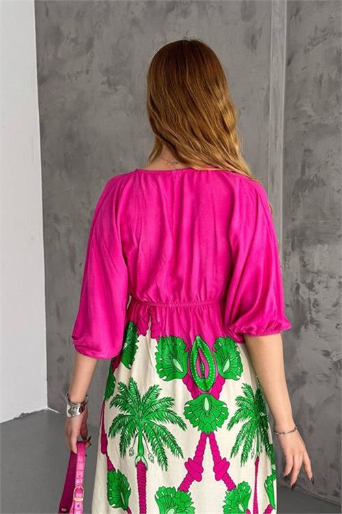 Neşeli butik kadın V-yaka desenli dokuma viskon elbise NBK2092