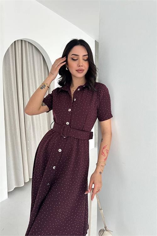 Neşeli butik kadın bordo kısa kol taş detaylı midi boy düğmeli elbise NBK4604