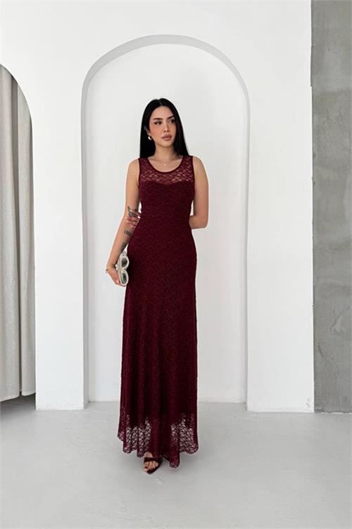Neşeli butik kadın bordo transparan detaylı tam boy astarlı dantel elbise --- NBK4619