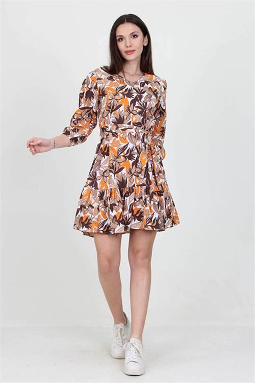 Neşeli butik kadın camel v yaka bağlama detaylı çiçekli mini elbise NB10029