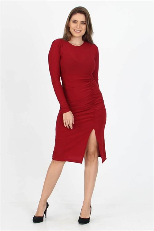 Neşeli butik kadın yırtmaç detaylı midi boy örme krep elbise SHNZ11