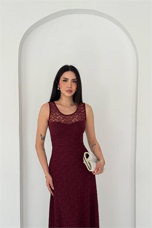 Neşeli butik kadın bordo transparan detaylı tam boy astarlı dantel elbise --- NBK4619