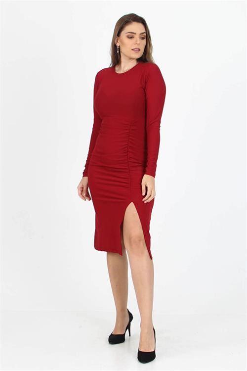 Neşeli butik kadın yırtmaç detaylı midi boy örme krep elbise SHNZ11