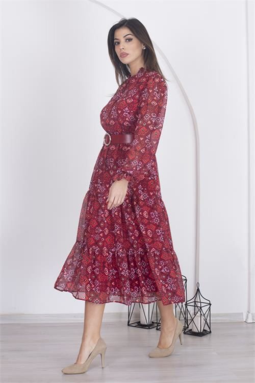Neşeli butik kadın astarlı etnik desenli şifon elbise RSNB002 - Bordo