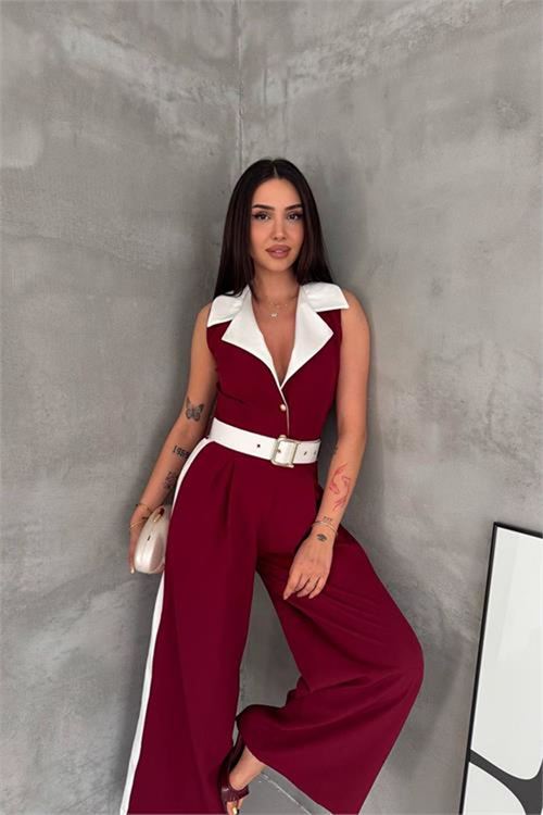 Neşeli butik kadın bordo çift renkli kemerli şerit detaylı tam boy kolsuz tulum NBK087
