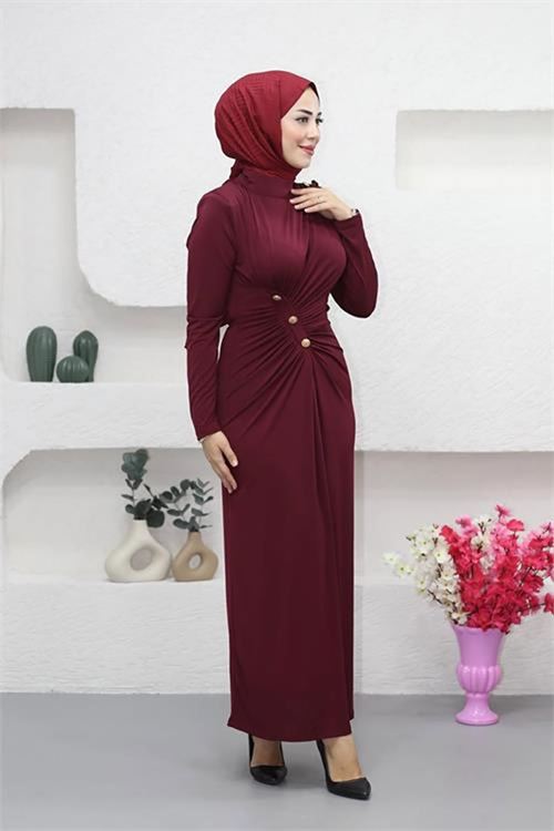 Neşeli butik kadın likralı düğme detaylı tesettür elbise NMS046