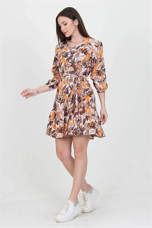 Neşeli butik kadın camel v yaka bağlama detaylı çiçekli mini elbise NB10029