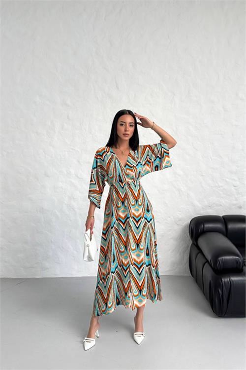 Neşeli butik kadın düşük kol desenli viskonk elbise NBG021