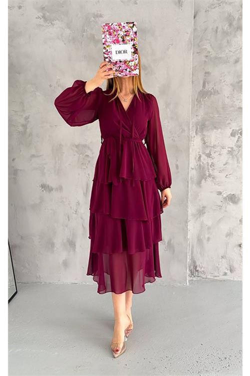 Neşeli butik kadın astarlı eteği kat kat şifon elbise NBKKLF2041