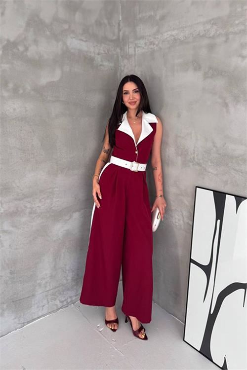 Neşeli butik kadın bordo çift renkli kemerli şerit detaylı tam boy kolsuz tulum NBK087