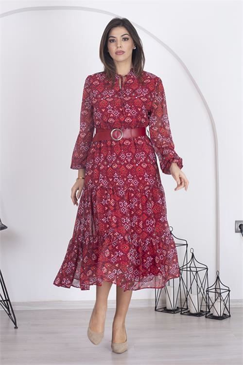 Neşeli butik kadın astarlı etnik desenli şifon elbise RSNB002 - Bordo