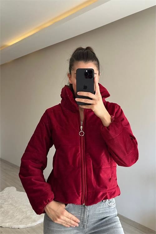 Neşeli butik kadın fitilli desen kadife kısa şişme mont NM005