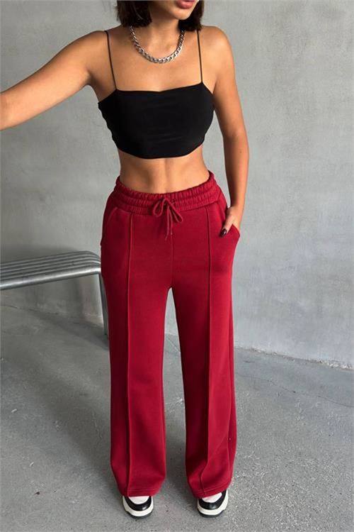 Neşeli butik kadın bordo cepli bol paça pamuklu eşofman altı NBG042
