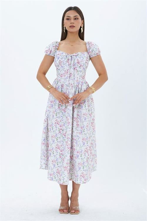 Neşeli butik kadın ekru çiçek desenli balon kol kare yaka midi elbise NBMY4108