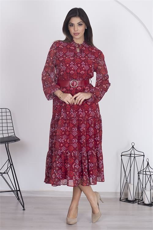 Neşeli butik kadın astarlı etnik desenli şifon elbise RSNB002 - Bordo