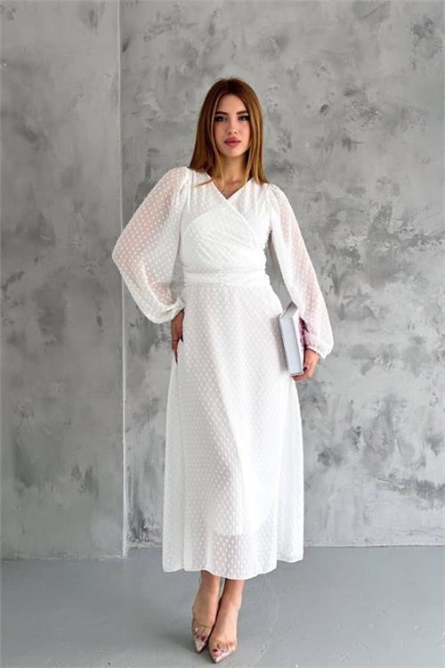 Neşeli butik kadın kemer detaylı astarlı ponpon şifon elbise NBKKLF2052
